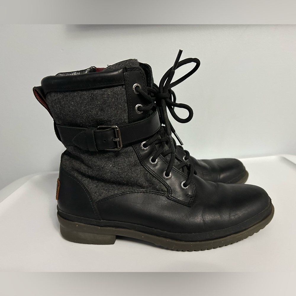 UGG Black Leather & Gray Wool Waterproof Side-Zip Boots